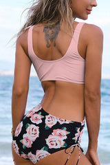 Pink Printed High Waist Floral Two Pieces Bikini