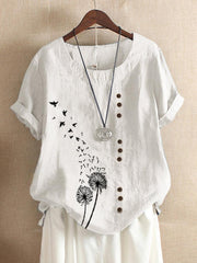 FLOWER BIRDS PRINT SHORT SLEEVE BUTTON TSHIRT