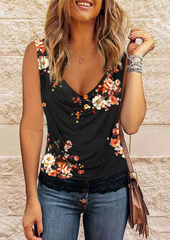 Floral Lace Splicing Cowl Neck Tank - Black