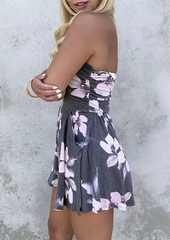 Floral Ruffled Pocket Strapless Open Back Romper - Gray