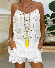 White Eyelet Embroidery Tassel Top & Shorts Set