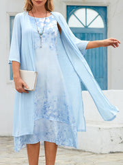 Women Linen Floral Print Ruffle Irregular Hem Sleeveless Tank Madi Dress with Long Jacket