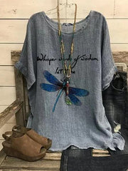 DRAGONFLY PRINTED CASUAL SHORT SLEEVE DEEP GRAY BLOUSE& SHIRT