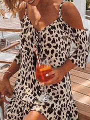 Cold-shoulder V-neck Straps Leopard Print Dress