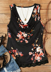 Floral Lace Splicing Cowl Neck Tank - Black
