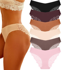 6 Pack Sexy Silky Seamless No Show Lace Bikini Lightweight Cheeky Hipster Panties