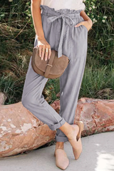 Gray Paper Bag Elastic Waist Casual Pants