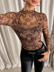 Sexy Leopard Print Mesh Ruffle Bodysuit T-shirt Top