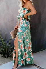 Rainforest Print Off-Shoulder Ruffle Split Dress