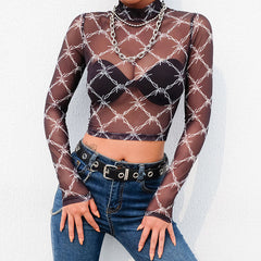 Mesh Thorn Print Transparent Sexy Top High Neck Long Sleeve T-Shirt