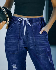 Drawstring Ripped Pocket Design Jeans