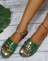 Crocodile Chain Wide Strap Slippers