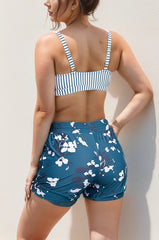 Stripes Square Neck Wide Straps Sporty Bikini Top with Boy Short Set