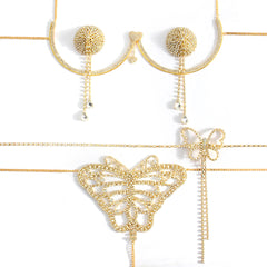 Super Hot Sparkling Diamond Bikini Thong Sexy Chest Chain Set--Gold