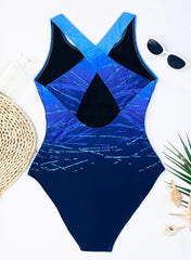 Blue Gradient Print Backless Slim Conservative Round Neck One Piece Swimsuit