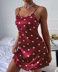 Heart Print Spaghetti Strap Satin Nightdress