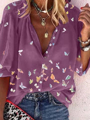 Plus Size Top Fashion Long Sleeve Lapel Shirt Butterfly Print Shirt