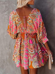 V Neck Multicolor Bohemian Pleated Dress