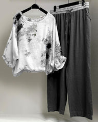 Women's Floral Print Cotton And Linen Casual Twopiece Set
