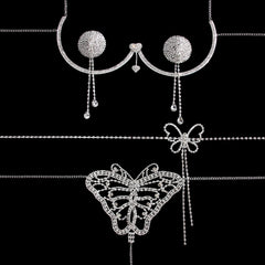 Super Hot Sparkling Diamond Bikini Thong Sexy Chest Chain Set--Silver