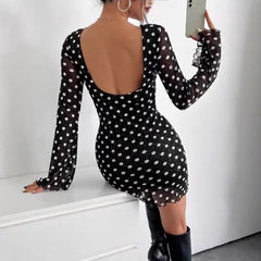 Mesh Polka Dot Print Round Neck Backless Long Sleeve Dress