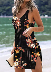 Floral Hollow Out Slit Crochet Cover Up Dress - Black