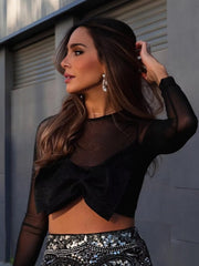 Fashionable Chest Bow Design Slim Short Shirt Top