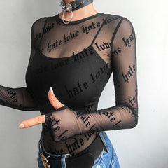 Letter Personalized Print See-Through Sexy Mesh Long-Sleeved T-Shirt