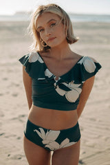 High-Waist Floral V-neck Emerald Bikini Set