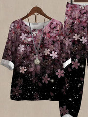 Gradient Cherry Blossom Print Top And Pants Casual Two-piece Suits