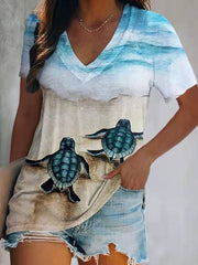 Vacation Turtle Print Double Collar Short-Sleeved T-Shirt