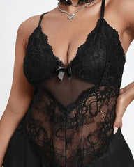 Plus Size Bow Decor Sheer Mesh Lace Babydoll With Thong