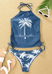 Live Simple Coconut Tree Halter Tankini Set - Blue
