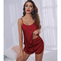 Simple Satin Chiffon Suspender Shorts Homewear Two-piece Set