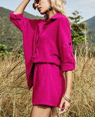 Long Sleeve Shirt Top Cotton And Linen Shorts Set