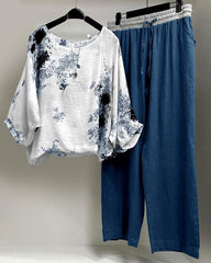Women's Floral Print Cotton And Linen Casual Twopiece Set