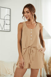Solid Color Sleeveless Buttoned Lace-Up Comfortable Two Piece Set