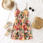 Summer Sexy Floral Print Beach Party Dress Sleeveless Backless Boho Mini Pleated Dress