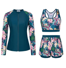 Peacock Blue-pink Flower 3 Piece Rash Guard Long Sleeve Swimsuits with Boyshorts Zip Up UPF 50+ Swim Shirt Built in Bra