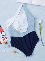 Blue Color Block Backless Tummy Control One Shoulder One Piece Swimsuit