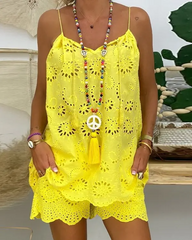 Yellow Eyelet Embroidery Tassel Top & Shorts Set