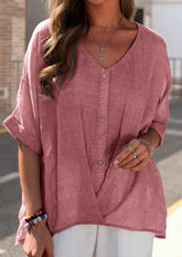 Coral Casual V Neck Soild Half Sleeve Blouse