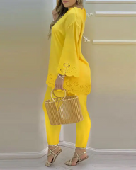 Yellow Hollow Out Scallop Trim Bell Sleeve Top & Pants Set