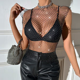 Fishnet Rhinestone Flash Diamond Women's Short Sleeve Top Vest