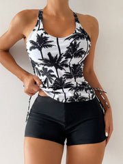 Coconut Tree Print Drawstring Straps Fashionable Belly-Covering Split Tankini Set