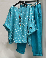 Round Neck Polka Dot Short Sleeve TwoPiece Suit