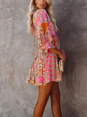 V Neck Multicolor Bohemian Pleated Dress
