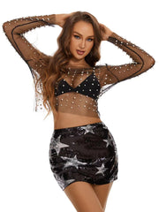See-Through Beaded Long-Sleeved Mesh Top