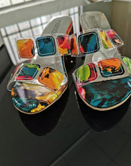 Colorful Applique Chunky Heeled Sandals