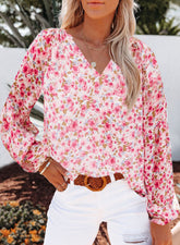 Long-Sleeved V-Neck Floral Chiffon Shirt